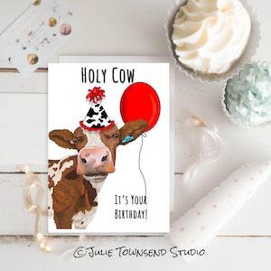 Cute Cow With Party Hat Wishing a Happy Birthday - Adorable Cow Birthday Card - Cow Mom Birthday Gift - Farm Animals on a Birthday Card