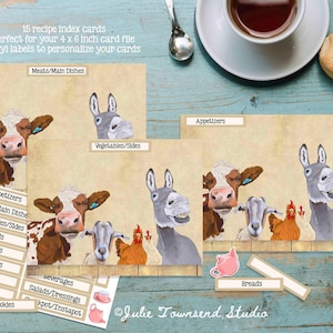 May include: 15 recipe index cards with adorable animal illustrations. The cards are designed for a 4x6 inch card file and feature categories like appetizers, meats, vegetables, breads, sauces, desserts, cakes, holidays, and cookies. The cards are labeled with vinyl labels that can be personalized.