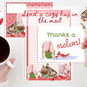 May include: Stationery set featuring watercolor illustrations of piglets with watermelons. Items include a lined letter sheet with the text 'Send a cozy hug in the mail', a card with 'Thanks a melon!', a circular sticker, and a die-cut piglet sticker.