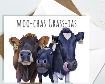 Pretty Girls Original Artwork on a Set of Thank you Cards - Funny Cow Pun on Cards -  Cow lover Card Set - Happy Mail Card to Make You Smile