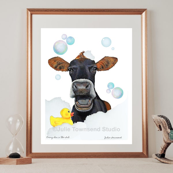 Funny Cow Taking a Bubble Bath With Lots of Bubble Soap and Her Little Yellow Rubber Ducky - Cow Wall Art for the Bathroom to Make You Smile