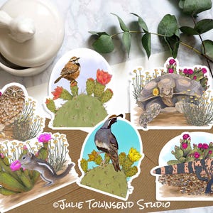 Mojave Desert Wildlife Sticker Set 2 - Desert Flora and Fauna of Nevada and California - Blooming Cactus Flowers - Set of 6 Nature Decals