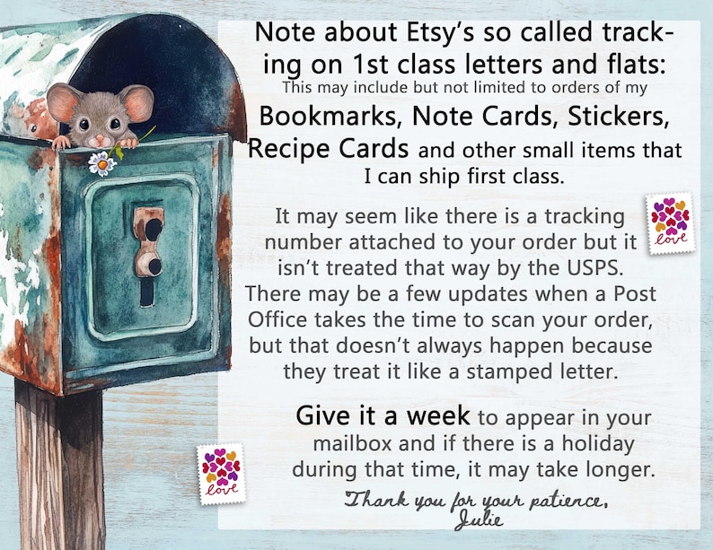 May include: A watercolour illustration shows a teal mailbox with a mouse holding a daisy. The mailbox has a distressed look. Text on the image explains Etsy's tracking for certain items.