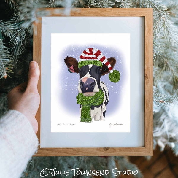 A Whimsical Drawing of a Cow in an Elf Stocking Cap and Scarf -  Art to Display for the Winter Season - Brighten Any Room for the Holidays