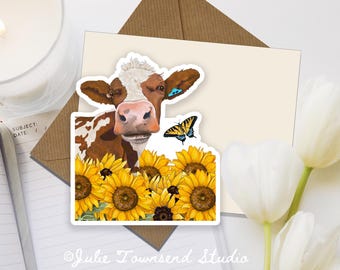 Cow and Sunflower Sticker - Farm Animal Art - Perfect for your Laptop or water bottle - Cow Mom Gift Ideas - Modern Farm Decal