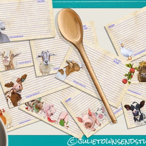 Lined Farm Animal Kitchen Recipe Cards - 12 Assorted Designs - 4 x 6 inches - Mothers Day - Farm Lover  - Bridal Shower Gift - Gift for Her