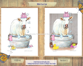 Moo La La Art Print - White Charolais Cow - Cow in a Pink Shower Cap and Vintage Wash Tub - Bubble Bath -  Farm Bathroom or Laundry Room Art