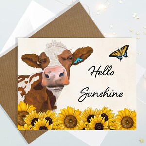 Hello Sunshine Cow and Sunflower Set of Thank you Cards - Cheery Cow Cards -  Cow lover Card Set - Happy Mail Card to Make You Smile