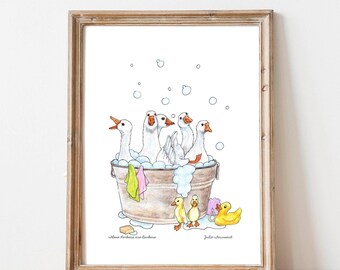Funny Goose Wall Art Print = Honkers are Bonkers - Noisy Geese in a Bubble Bath - Farmhouse Animal Illustration - Modern Farm Bathroom Art