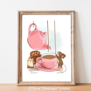 Mouse Tea Party Art Print - Pink Teapot Whimsical Illustration - Nursery Wall Decor - Bakery Wall Poster - Tea and Biscuits - Funny Mouse