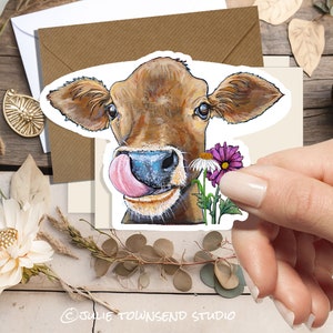 Sweet Baby Cow Sticker - Cow Licking Her Nose - Perfect for any smooth surface - Laptop or water bottle - Cow Mom Gift Ideas - Modern Farm