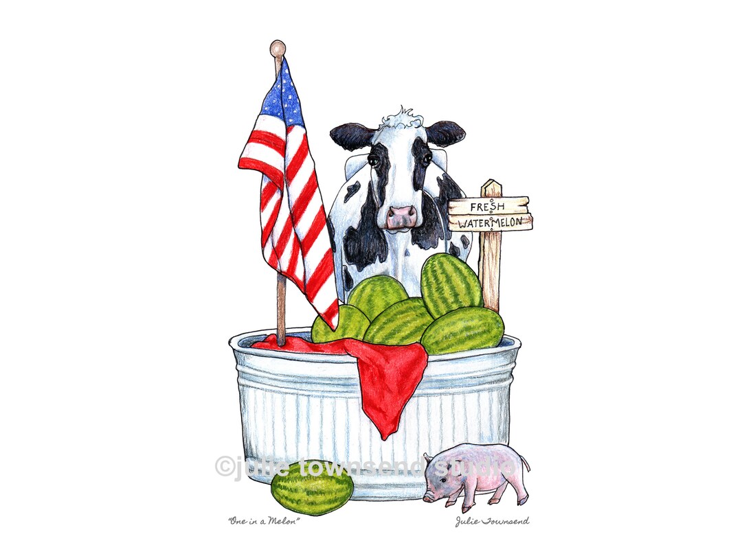 Summer Watermelon Art Print Cow with a Vintage Wash Tub Tub of Watermelons Patriotic 4th of July