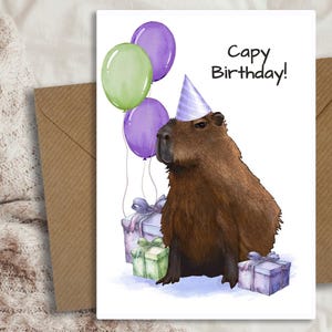 Cute Capybara Birthday Card with envelope - Funny Animal Birthday Greeting Card - Whimsical Animal Party illustration - Card is blank inside