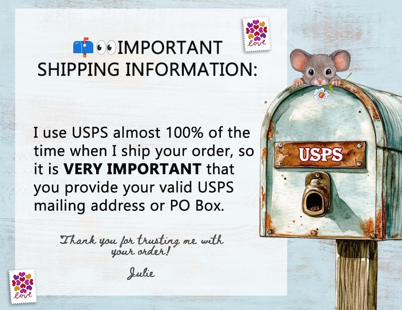以下が含まれることがあります： USPSと書かれた風化したティールカラーの金属製郵便受けから顔を出すネズミの水彩画イラスト。画像には「IMPORTANT SHIPPING INFORMATION」というテキストと、有効な郵送先住所の提供に関する注意書きが含まれています。