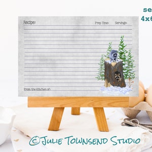 Racoon Recipe Cards - Rustic Cabin Kitchen - 4 x 6 inch -  Pack of 12 recipe cards - Woodland Housewarming Gifts - Bridal Shower Gift