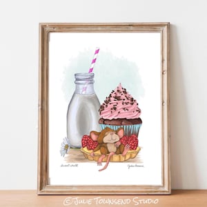 May include: A framed print featuring a whimsical illustration of a mouse relaxing in a tart filled with raspberries. A cupcake with pink frosting and a bottle of milk with a striped straw are also depicted. The words "Sweet Tooth" are written on the print.