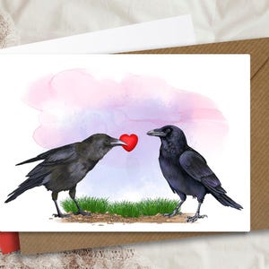 Cute Crow Love Birds exchanging a red heart - Perfect Anniversary or Girlfriend card- Crow card for Her -  Raven Crow birds in love - Crows