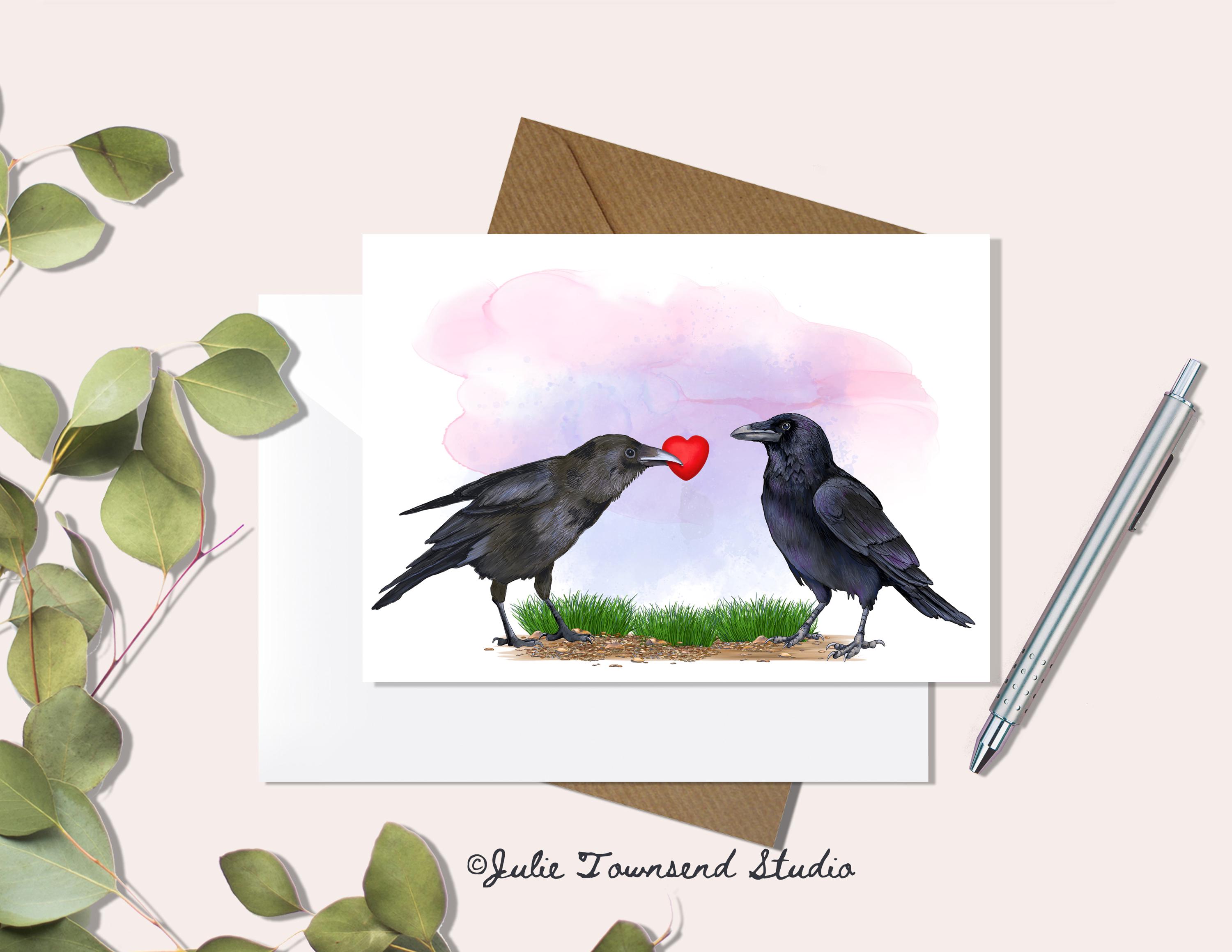 Cute Crow Love Birds Exchanging a Red Heart - Perfect Anniversary or ...