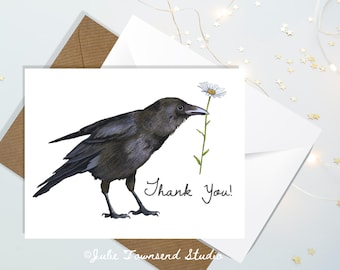 Crow Thank You Note Card Set - Appreciation Cards - Thank You Card Set - Raven with a Daisy Card - Sending Smiles in the Mail