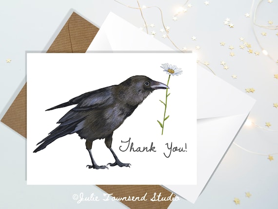 Crow Thank You Note Card Set - Appreciation Cards - Thank You Card Set - Raven with a Daisy Card - Sending Smiles in the Mail