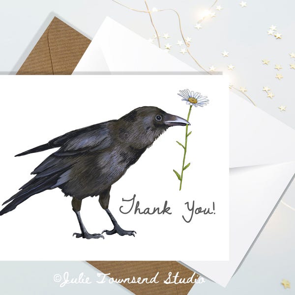 Crow Thank You Note Card Set - Appreciation Cards - Thank You Card Set - Raven with a Daisy Card - Sending Smiles in the Mail