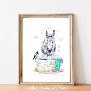 Burro taking a Bubble Bath Art Print - Donkey & Magpie Art Print - Burro Art - Donkey Lover Gift - Vintage Wash Tub - Farm Bathroom Wall Art