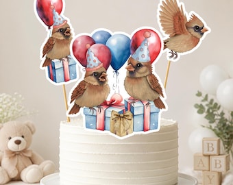 Baby Cardinal Birthday or Baby Shower Cake Topper | Original Artwork |  Laminated Bird Party | Woodland Birthday Cake | Keepsake Decoration