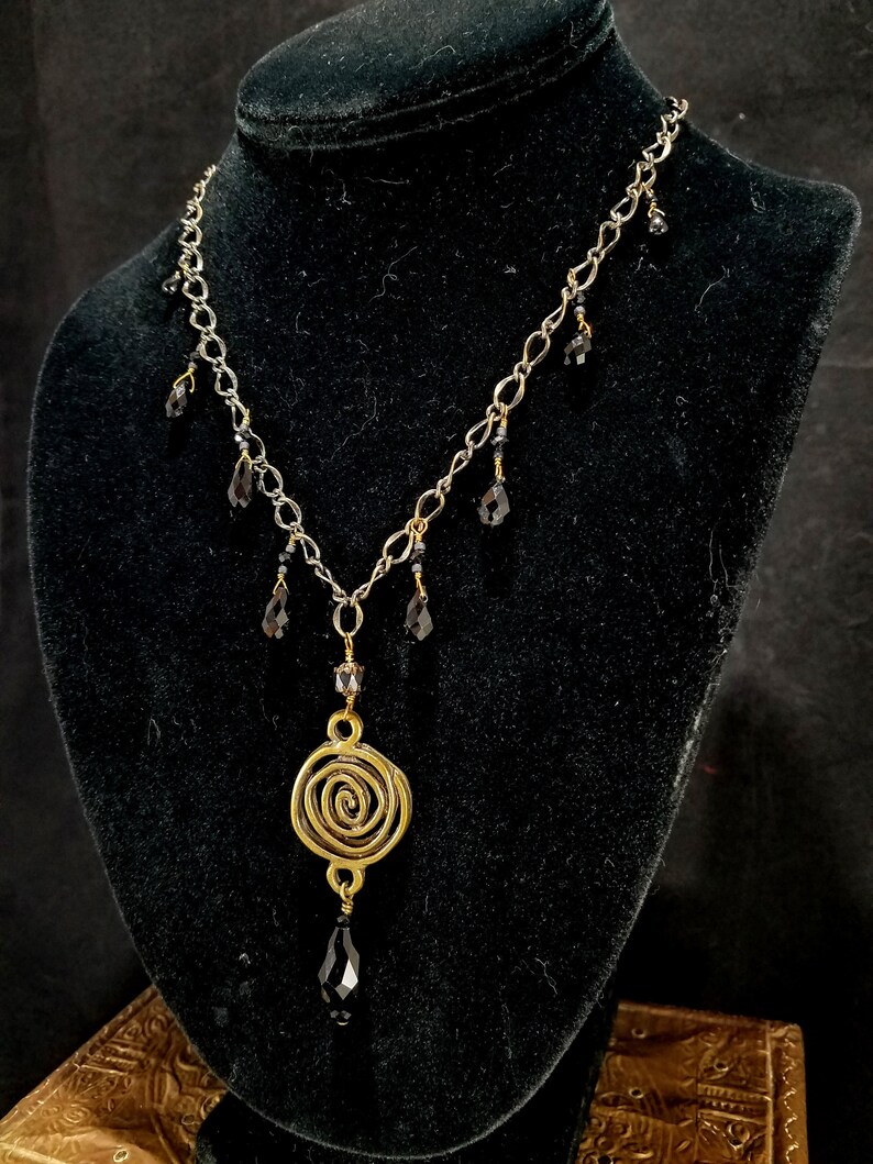 Favorite of the Sun Bronze Traditions Sun Spiral Solstice Onyx Black shops Crystal Necklace and Dangling Black Crystal Earrings Set