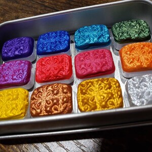 Boxed Set of 10 20 12 or 24 Pans Your Choice 108 Mica Colors Handmade to Order Watercolors; 3 Sizes Full (20), Half (24), & Quarter (24/12)