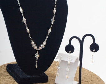 Bridal Wedding Jewelry Beautiful White Pearl Crystal Sterling Silver Pendant Necklace and Four Earrings Set