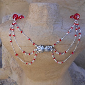 Sterling Silver and Blood Ruby Red Swarovski Three Strand Victorian Fantasy Cosplay Steampunk Goth Necklace With Sterling Butterfly Clasp