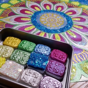 Magical Crafting Imbolc Wicca Spring Solstice Metal Palette 12 1/4 Pans Watercolor Paint Palette Handmade Boutique
