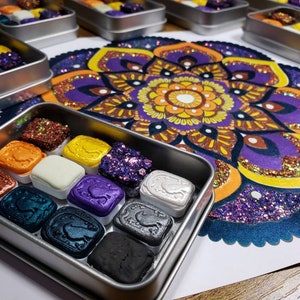 Magical Crafting Samhain Halloween Wicca New Year Metal Palette 12 1/4 Pans Handmade Boutique Watercolor Mica Paint Palette
