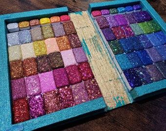 Giant Teal Book of Glitter Extravaganza 60 3ml Glitter & 12 Mica Handcrafted Glitter Watercolor Paints Steel Book