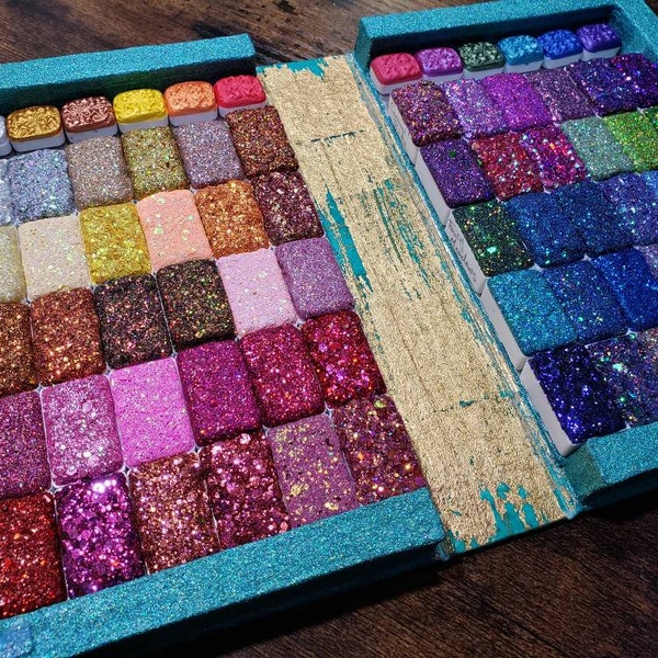 Giant Teal Book of Glitter Extravaganza 60 3ml Glitter & 12 Mica Handcrafted Glitter Watercolor Paints Steel Book