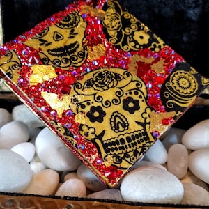 Red Dia de Los Muertos Skulls Makeup Shrine Rhinestones and Foiled Artisinal Paper Calaveras Handmade Magnetic Double Sided Makeup Palette