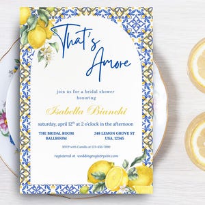 That&#39;s Amore Bridal Shower, Italian Bridal Shower Invitation, Editable Canva Template, That&#39;s Amore Canva Template, Lemon Bridal Showe