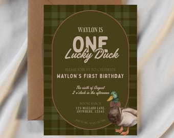 One Lucky Duck Birthday Invitation, Mallard Duck Digital Party Invitation Canva Template