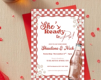 She's Ready To Pop Baby Shower Invitation, Canva Template Instant Download, Red Soda Pop Baby Shower Invitation