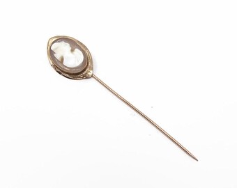 Vintage 14K Gold Shell Cameo Stick Pin, Hand Carved