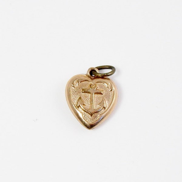 Vintage Gold Filled Puffy Heart Charm Anchor USN Navy