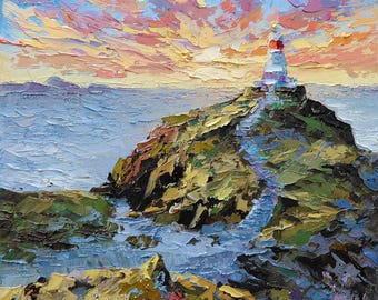 Original Lighthouse Oil Painting Impasto Coastal Art - Palette Knife Ocean Landscape, 10x10 inches