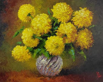 Pintura al óleo de crisantemo texturizado: bodegón floral amarillo, arte empastado (17,7 x 23,6 pulgadas)