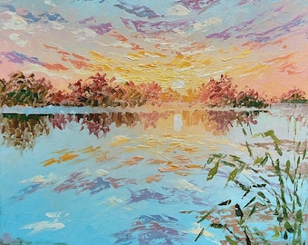 Pintura al óleo sobre un lago al atardecer — Paisaje original con técnica de impasto, 40 x 60 cm