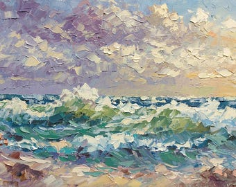 Pintura al óleo original de paisaje marino con olas del océano, arte marino con textura empastada, 11,8 x 7,9