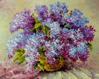 Pintura al óleo Impasto, Ramo de lilas, Arte con espátula, tamaño 17,7 x 23,6 pulgadas