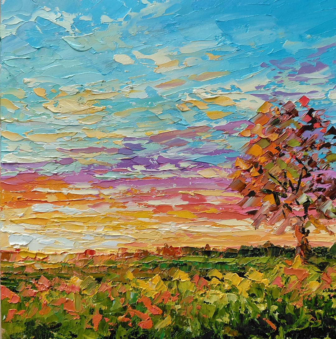 Original Impasto Oil Painting – Textured Sunset Tree Landscape Wall Art ...