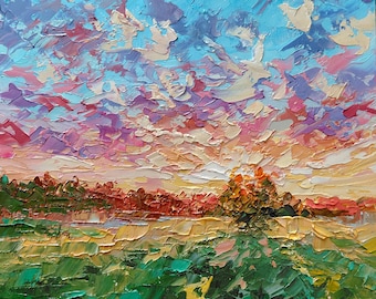 Pintura al óleo de paisaje impresionista al atardecer, arte texturizado con espátula y empasto, paisaje de cielo colorido