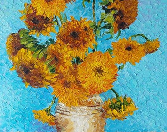 Girasoles vibrantes: bodegón al óleo pintado a mano, 50 x 71 cm