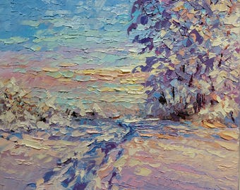 Pintura al óleo original con técnica impasto sobre lienzo de 25x25 cm – Paisaje invernal texturizado, Arte mural de amanecer nevado